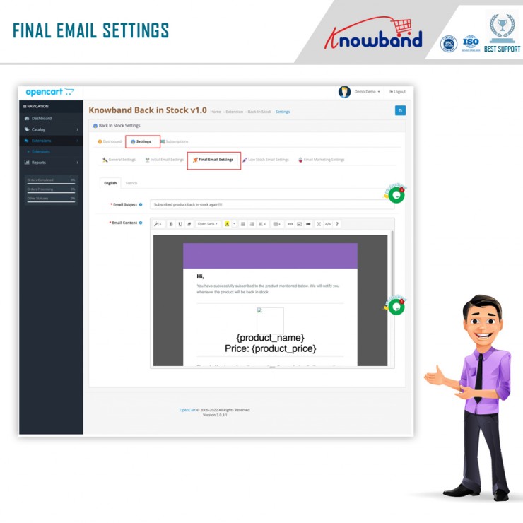 The OpenCart Back in Stock Extension by Knowband email settings