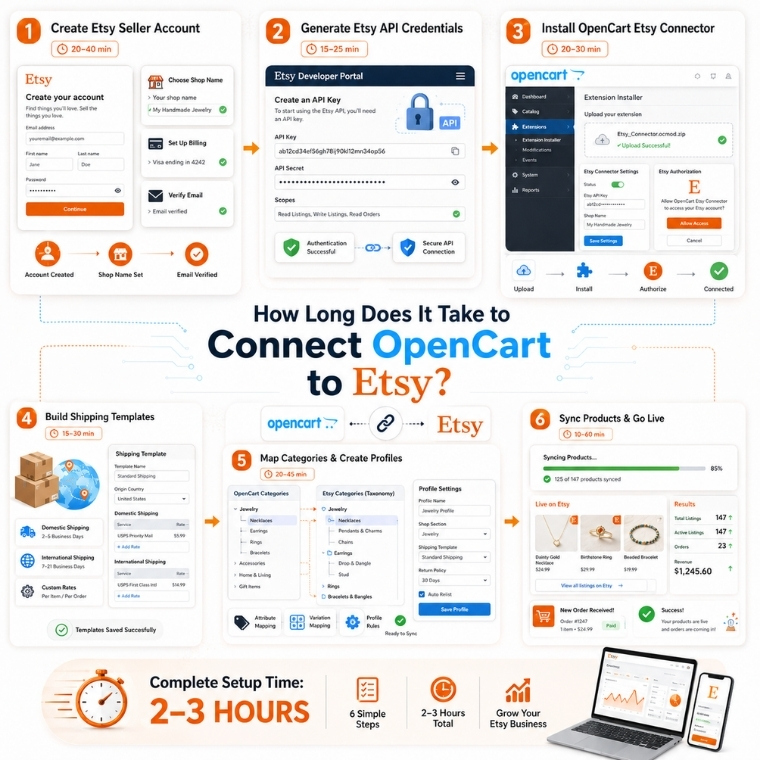Steps explaining how long it takes to connect opencart to etsy with the OpenCart Etsy Connector Module.