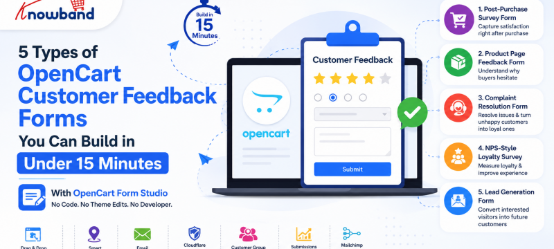 Knowband OpenCart Customer Feedback Plugin banner illustrating five customer feedback forms including post-purchase survey, product feedback, complaint resolution, NPS loyalty survey, and lead generation form with no-code setup.