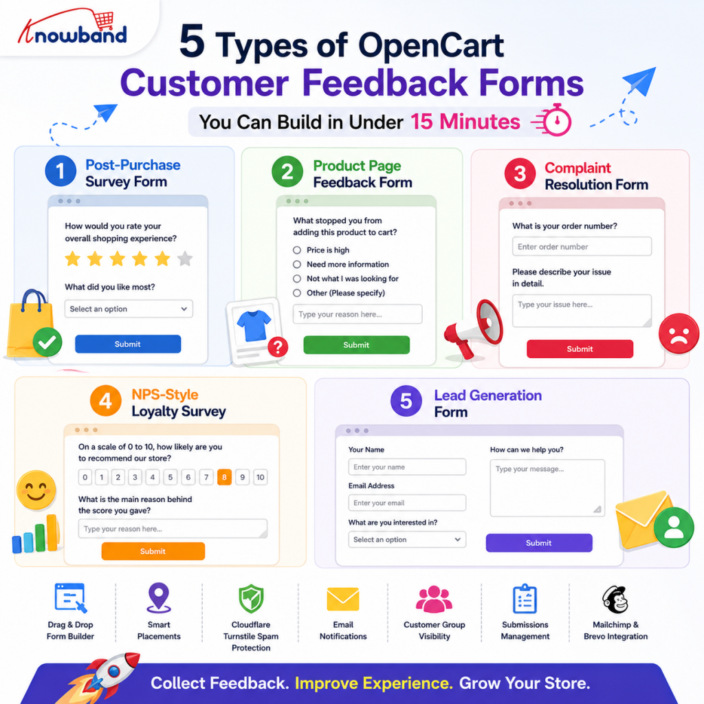 Infographic showing five OpenCart customer feedback forms including post-purchase survey, product page feedback, complaint resolution, NPS-style loyalty survey, and lead generation form created with Knowband OpenCart Form Studio.