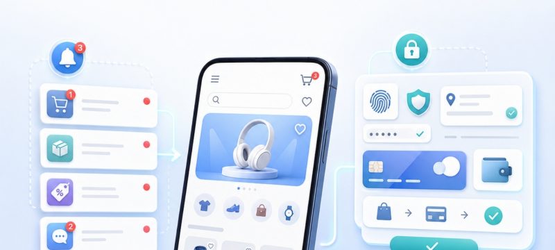 Illustration showing an OpenCart Mobile App helping an online store retain customers through push notifications, simplified checkout, saved user details, order tracking, and convenient mobile shopping.
